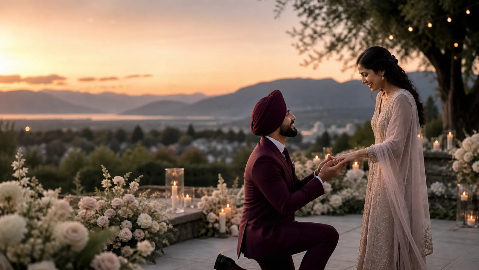 A couple celebrating their engagement at sunset